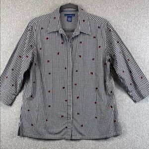 Mountain Lake gingham button down/up M ladybug & flower embroidery 3/4 sleeve